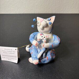 Vintage Whimsiclay Ceramic Momma Cat & Her Kitten by Amy Lacombe 2001